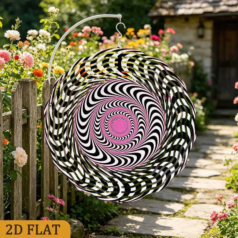 2D Flat Black White Optical Illusion Wind Spinner - 10 Inch Metal 3D Visual Hanging Decor with 360 Hook for Garden Patio Gift