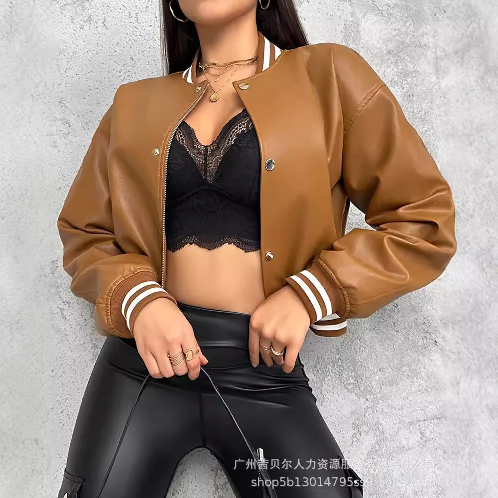 PU Leather Striped Bomber Jacket Causal Baseball Crop Top Snap Button Zip Up Sports Outwear Jackets