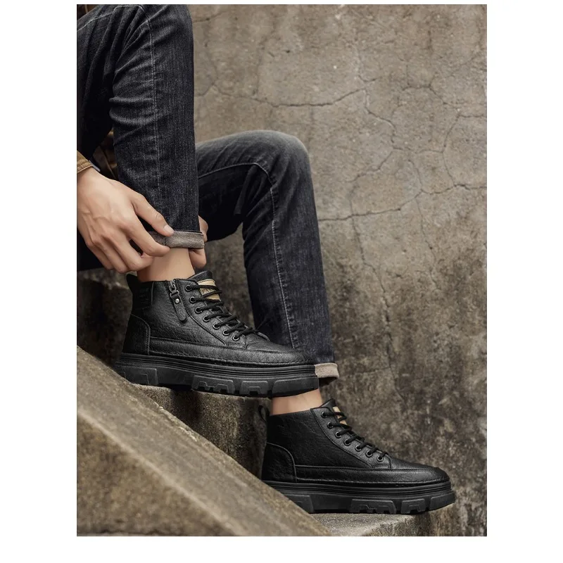 2026 Spring Men's Retro High Top Boots Thick Sole Work Shoes Non-slip Casual Streetwear Footwear