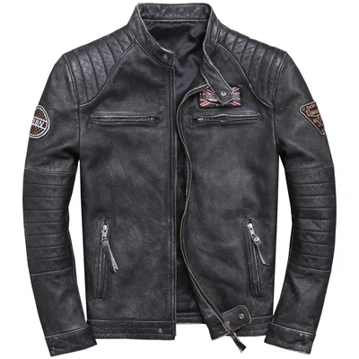 Genuine Cow Leather Jacket Men Vintage 100% Cow Leather Coat Short Biker Motorcycle Jacket Embroidered Men\'s Jackets XP680NP KJ