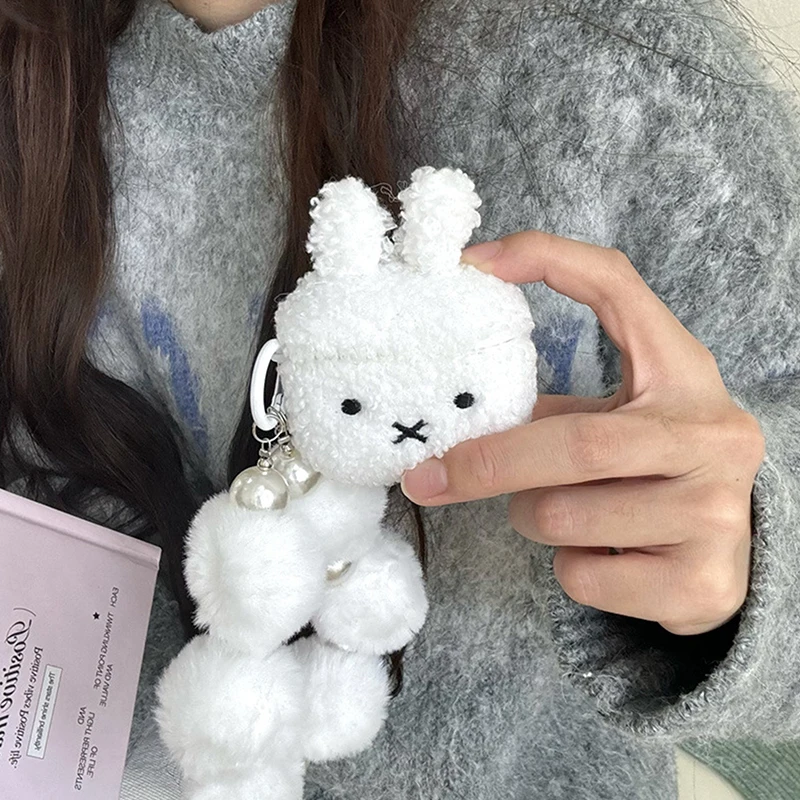 Highend Cute Warm Winter Plush White Rabbit Earphone Protective Case For Airpods 4