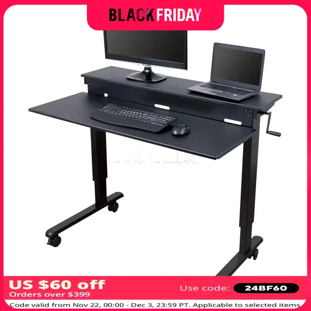 Stand Up Desk Store Crank Adjustable Two Tier Standing Desk with Heavy Duty Steel Frame (Black Frame/Black Top, 48