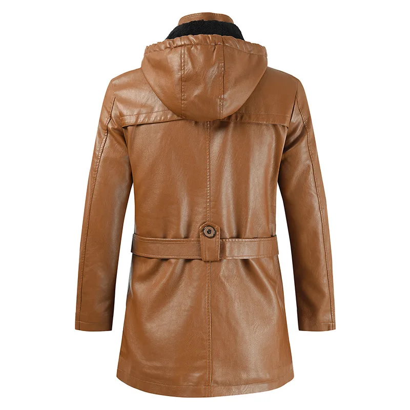 Men Solid Color Casual Fashion Mid-Length PU Leather Coat 2023 New Men Slim Hooded Leather Jacket Large Size All-match Outwear