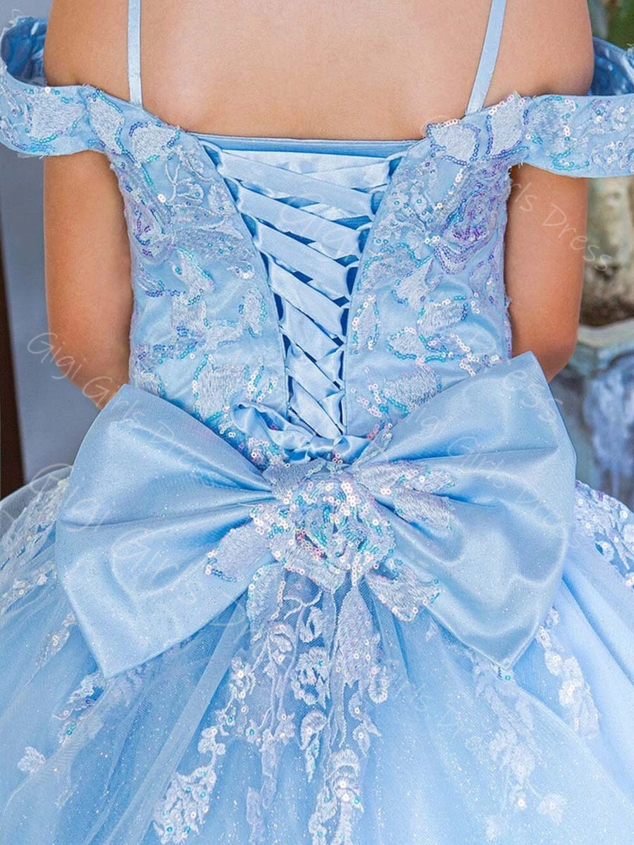 Abito da principessa per ragazze personalizzato con spalle scoperte e strascico, abito da ragazza di fiori con applicazioni di paillettes, abito da ballo da comunione