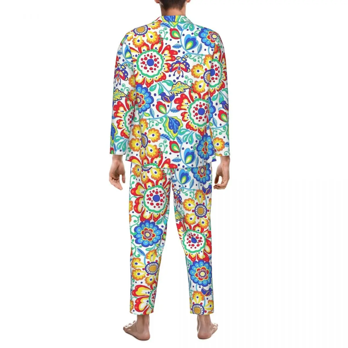 Pyjama à imprimé floral pour hommes, vêtements de nuit de chambre à coucher, ensemble de pyjama deux pièces, décontracté, manches longues, mignon, surdimensionné, trempé à la maison, art populaire