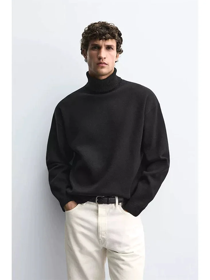 

Slim Fit Long Sve High Collar Knitted Sweater Men's Faionable Wool Blend Core Spun Yarn Thermal Base Layer irt
