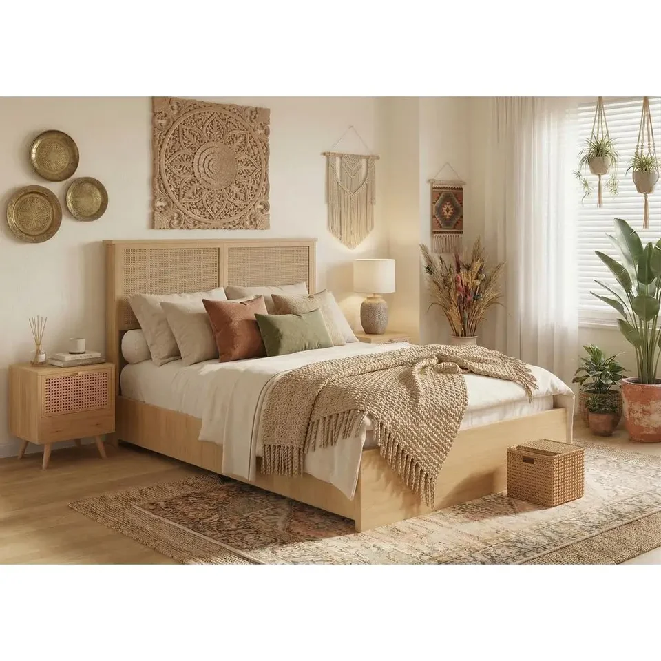 Bohemian Queen Rattan Bed Frame with Storage