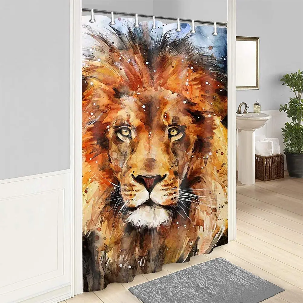 Watercolor Lion Shower Curtain King Of The Jungle Wild Animals Retro Hand Painted Splash Style Bathroom Decoration