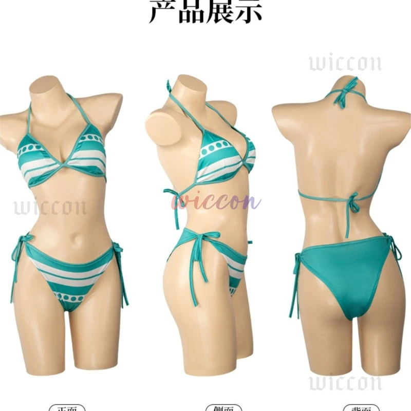 Anime Nami Cosplay Costume Two Years Ago Wig Green White Stripe Swimwear Summer Day Bikini Woman Sexy Carnival Suit