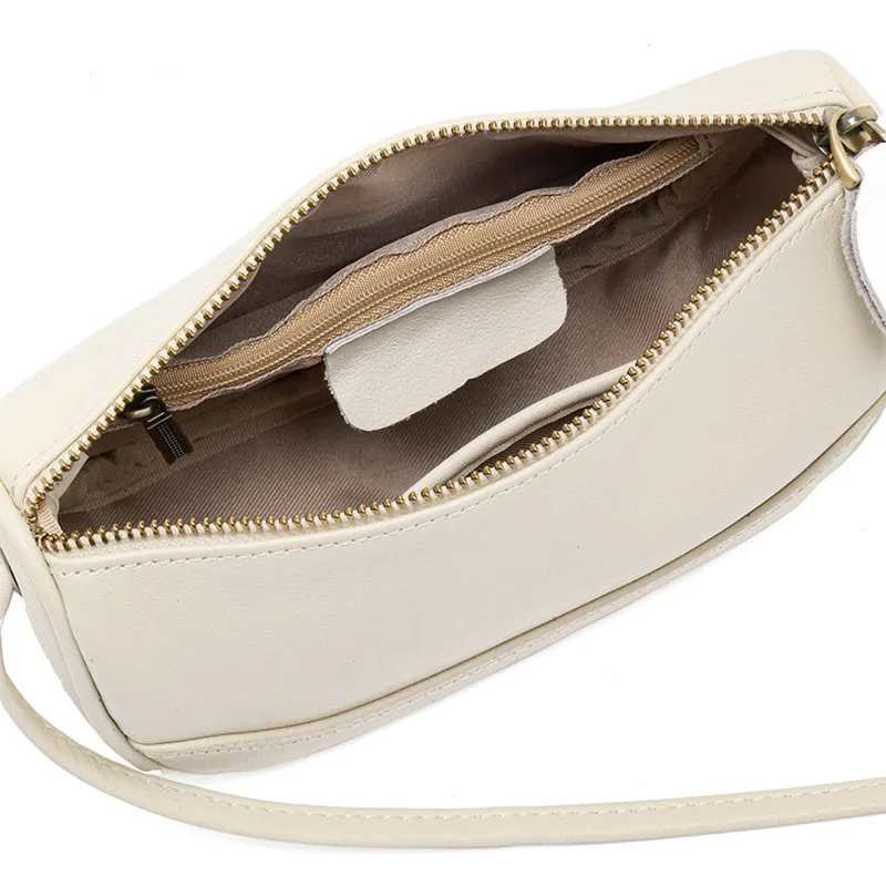 First-Layer Cowhide Crescent-Shaped Underarm Bag for Women, Simple Retro Adjustable Thin Shoulder Strap Crossbody Bag, Versatile Mini Zipper Square Bag for Commuting