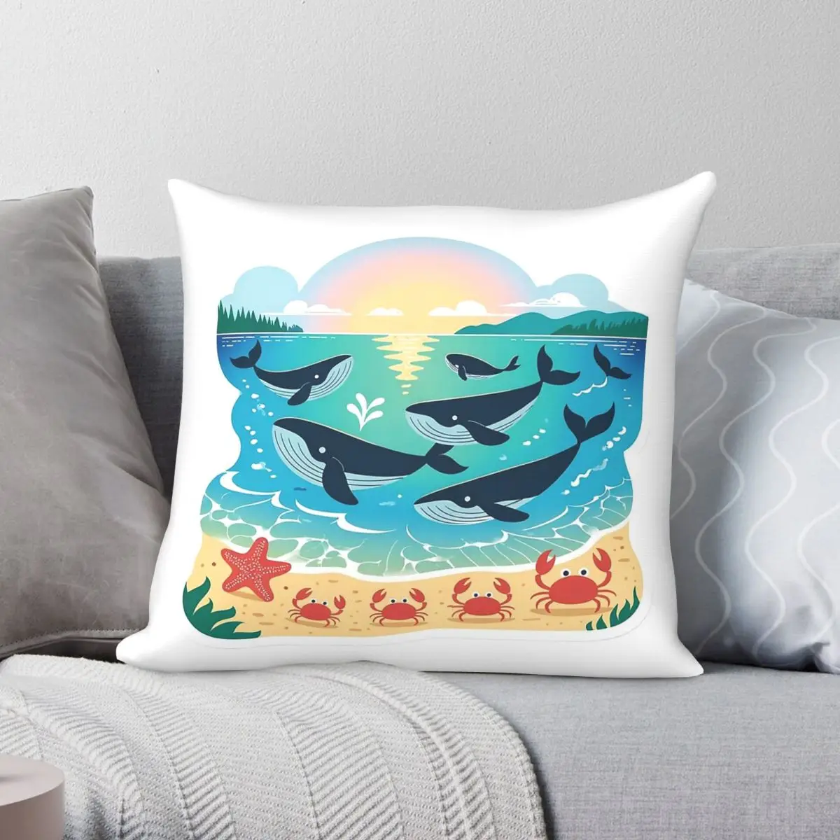 Sunset Whales Starfish Crab Square Pillowcase Polyester Linen Velvet Pattern Zip Decorative Throw Pillow Case Room Cushion Cover