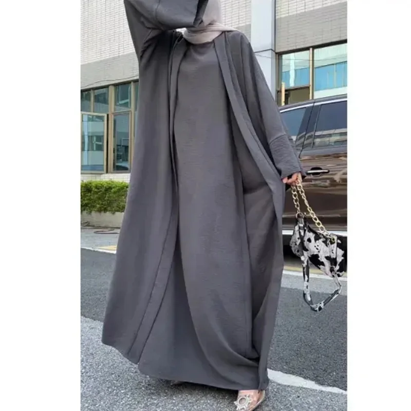 2 Piece Women Muslim Maxi Abaya Dress Loose Long Sleeves Soild Color Dubai Turkey Islam Clothes Caftan Robe Modest Gown Elegance