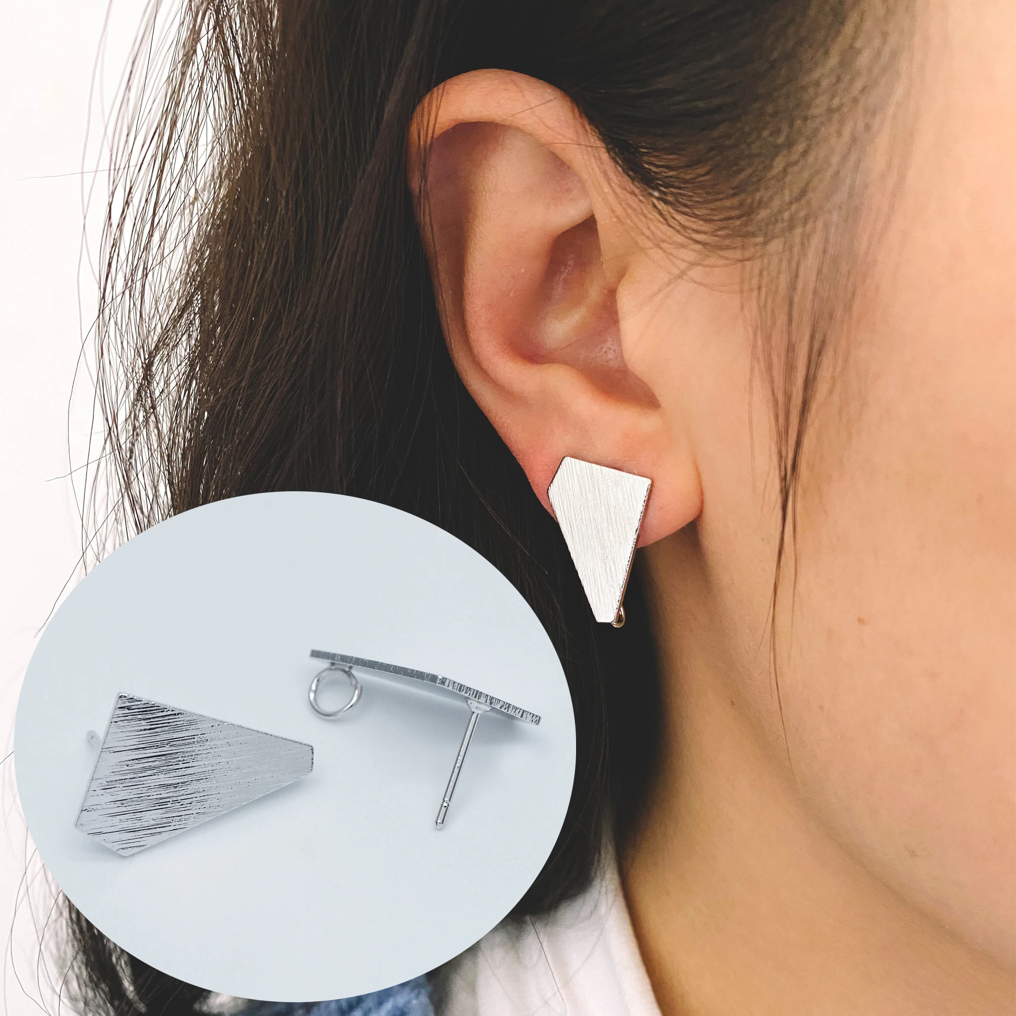 

Brushed Silver Ear Posts with Loops, Rhodium Plated Brass Geometric Earring Studs 21mm (GB-527-2)/ 10pcs=5 Pairs