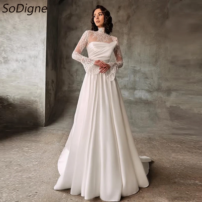 

SoDigne A-line Beach Wedding Dresses Full Sleeves High Neck Satin/Lace Bridal Dress Long Wedding Gown Robe De Mairee ﻿Customized