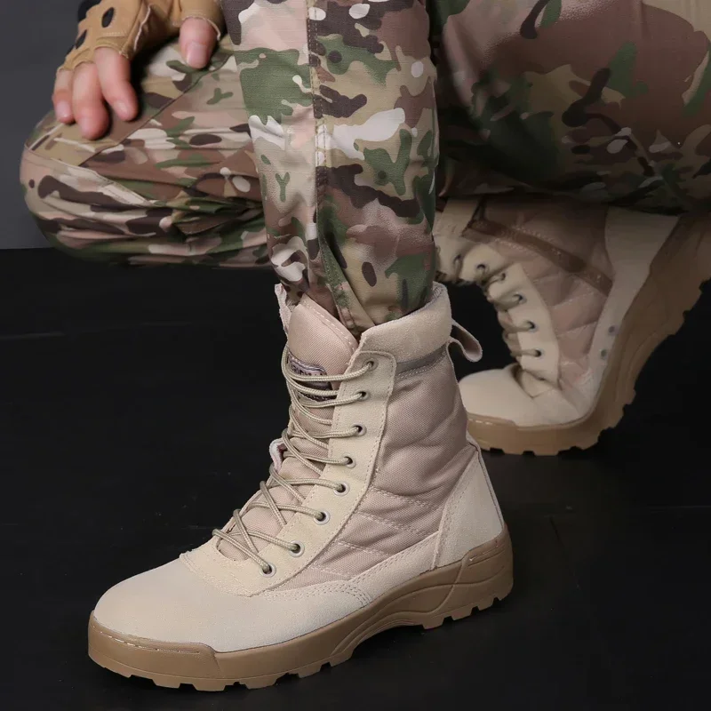 Botas tácticas para hombre, zapatos de trabajo informales de malla de cuero transpirable, botas de combate al tobillo SWAT para hombre