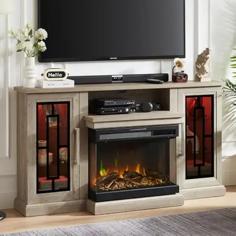 59 Inch LED TV Stand with 3-Side Glass Fireplace, Modern Media Entertainment Center Console Table for TVs up to 65 Inch with Adj