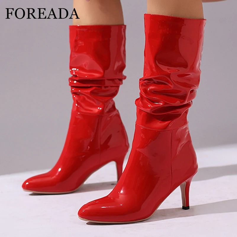 

FOREADA Women Patent Leather Mid Calf Boots Round Toe Thin High Heels Pleated Concise Ladies Fashion Shoes Winter Black Red 43