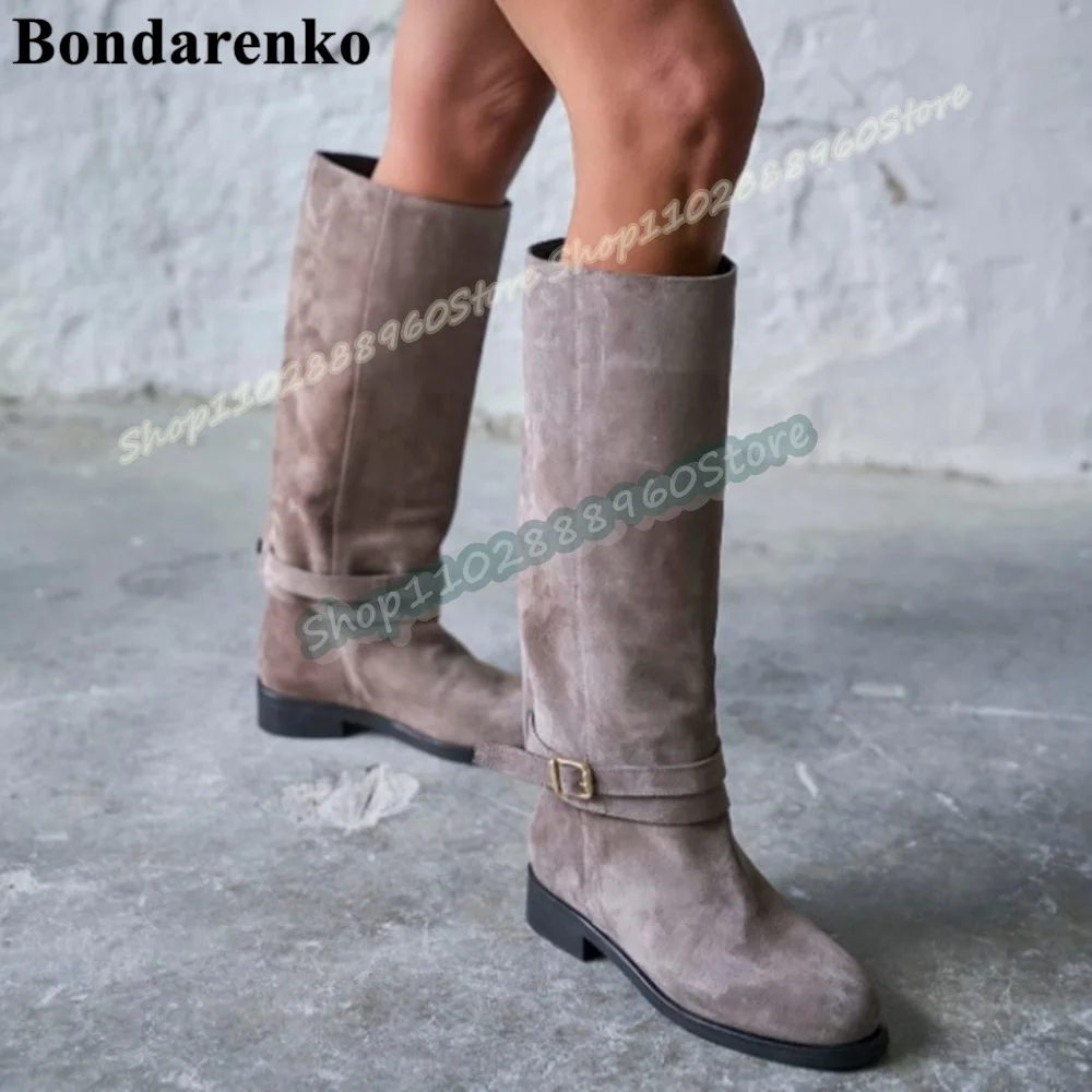 

Knee High Solid Suede Buckle Strap Boots Flats Casual Shoes For Women Slip On Round Toe Fashionable Party Zapatos Para Mujer