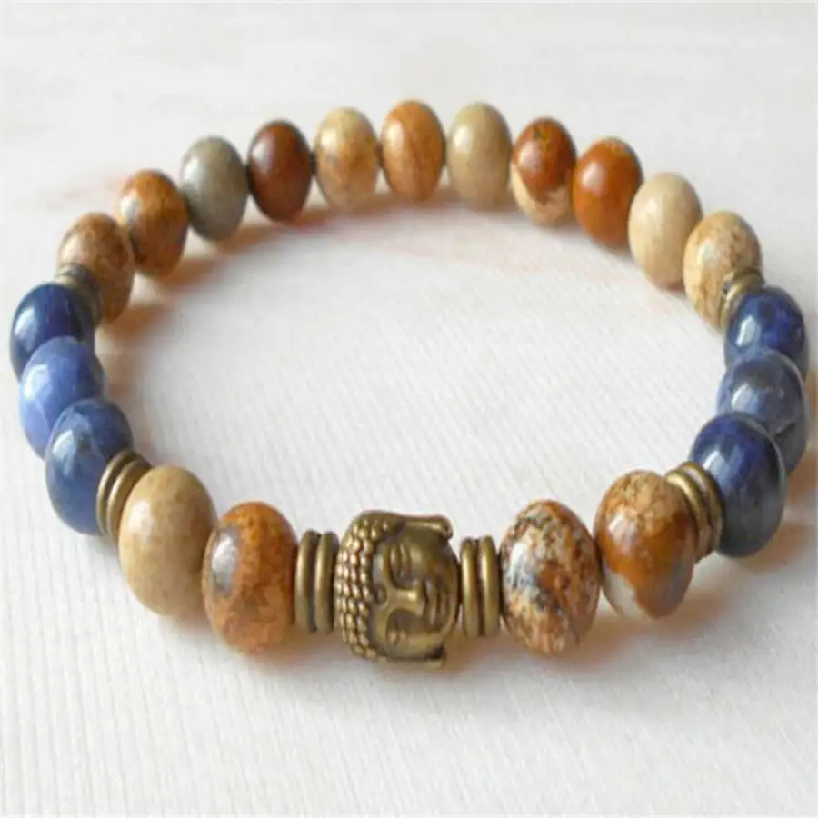

8mm Lazuli Gemstone Picture stone Mala Bracelets Bead Buddha Chaplet elastic Bohemian Nirvana Bodhi Spiritual Jewelry Chakra