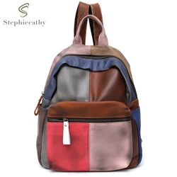 SC Colorful Painted Genuine Leather Patchwork Backpack for Women Large Capacity Casual Vintage Functional Shoulder Bag Knapsack