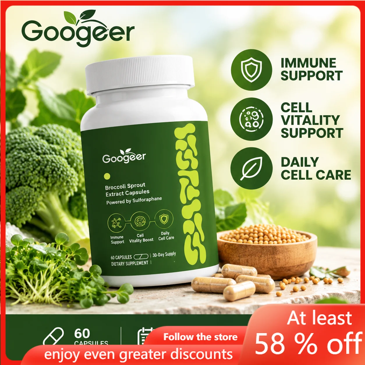 Broccoli Sprout Extract Capsules Powered By Sulforaphane Daily Immune Support and Cell Vitality Support for Adult 60 Capsules