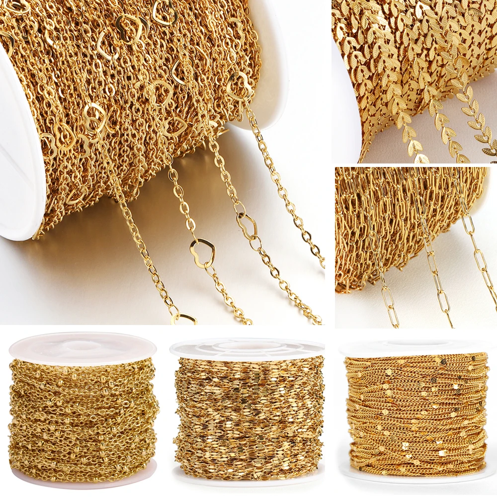 2meters Gold Color Stainless Steel Chains Beads Beaded Tube Paper Clip Chain for Jewelry Making DIY Bracelet Necklace Wholesale