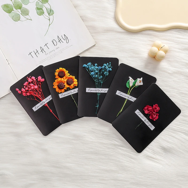 5Pcs Creative Retro Dried Flower Message Card Graduation Blessing Thank You Card Thanksgiving Festival DIY Greeting Card