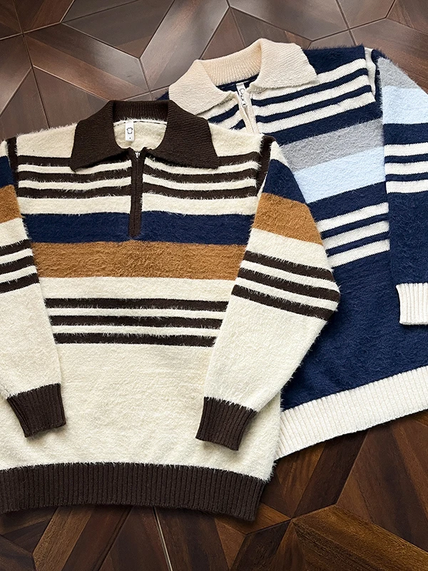

Men's Stripe Ne Knitwear Winter Lazy Sle Fur Simulation Color Blo Sweater American Trendy Brand Couple's Knitt...