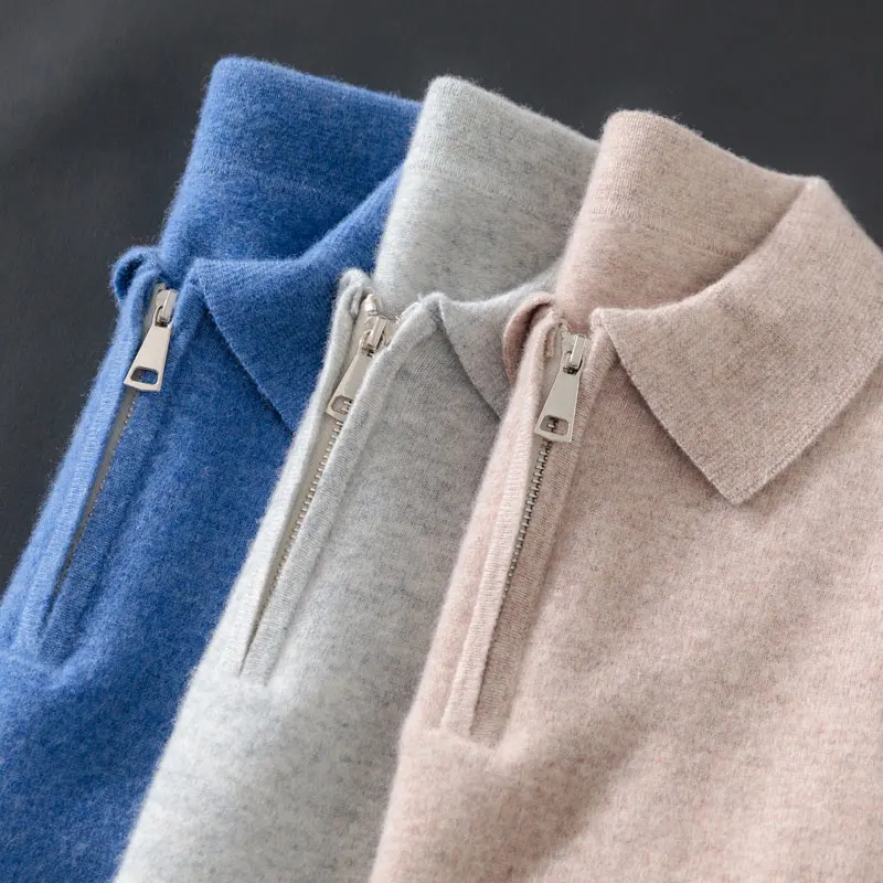 

Мужской свитер из 100% кашемира, рубашка поло с лацканами на полумолнии, свободная однотонная деловая повседневная трикотажная основа