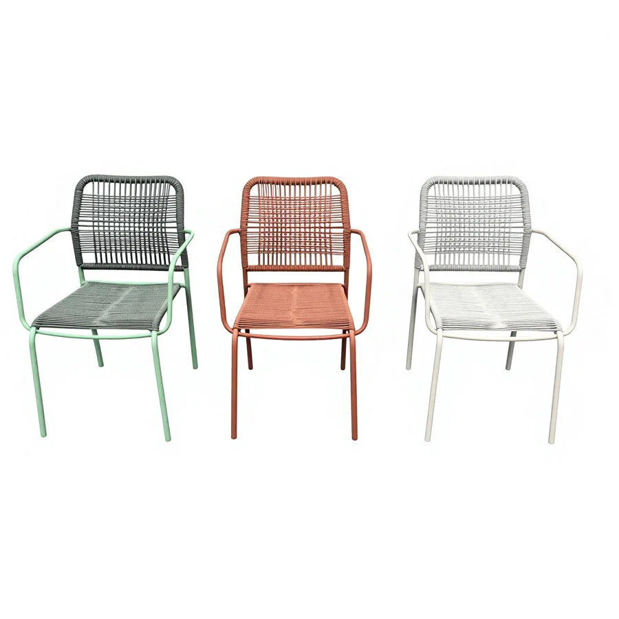*Modern Waterproof Portable Outdoor Patio Stacking Chair with Light Rattan and Metal Woven Rope for Dining
