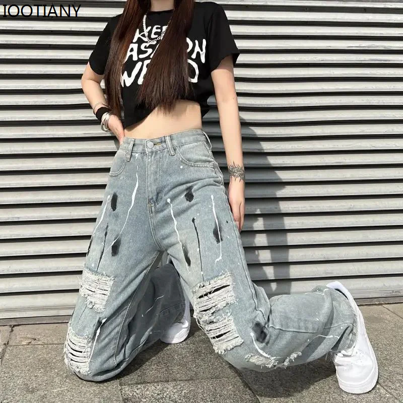 Women Summer Denim Long Pants Vintage Jeans High Waist Fashion Ripped Splash Ink Trouser Loose Straight Floor Mopping Streetwear