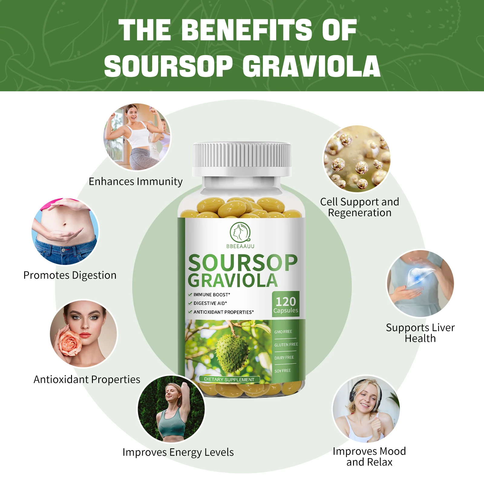 BBEEAAUU Soursop Capsules Support Digestion & Liver Health Cell Support and Regeneration Antioxidant Skin Care Enhances Immunity