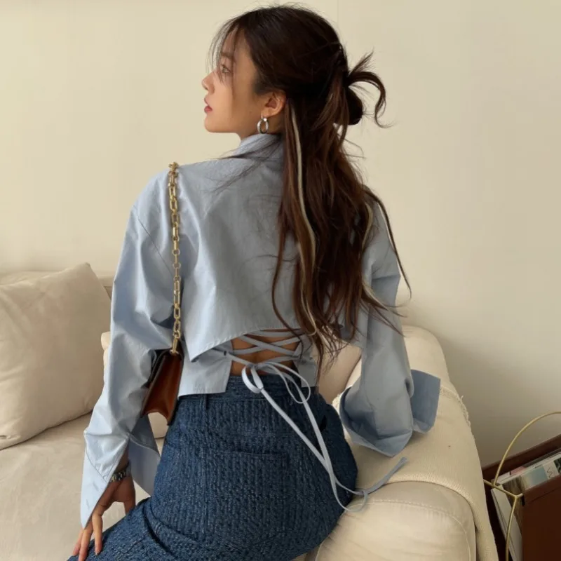 Bandage Backless Shirts Women Sexy Crop Tops Loose Summer Waistless Chic New Hotsweet Design Korean Fashion Clothing Long-sleeve