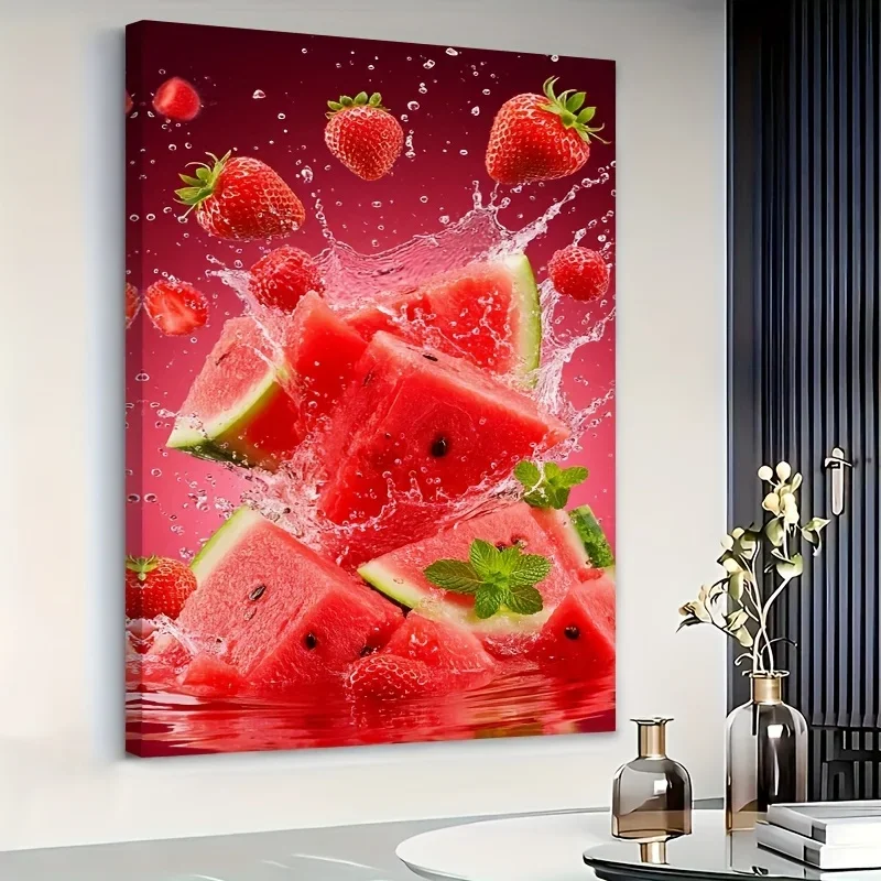 Vibrant Stained-Glass Style Watermelon & Strawberry Oil Painting on Canvas - Solid Pine Wood Framed Wall Art, 39.88x59.94 cm,