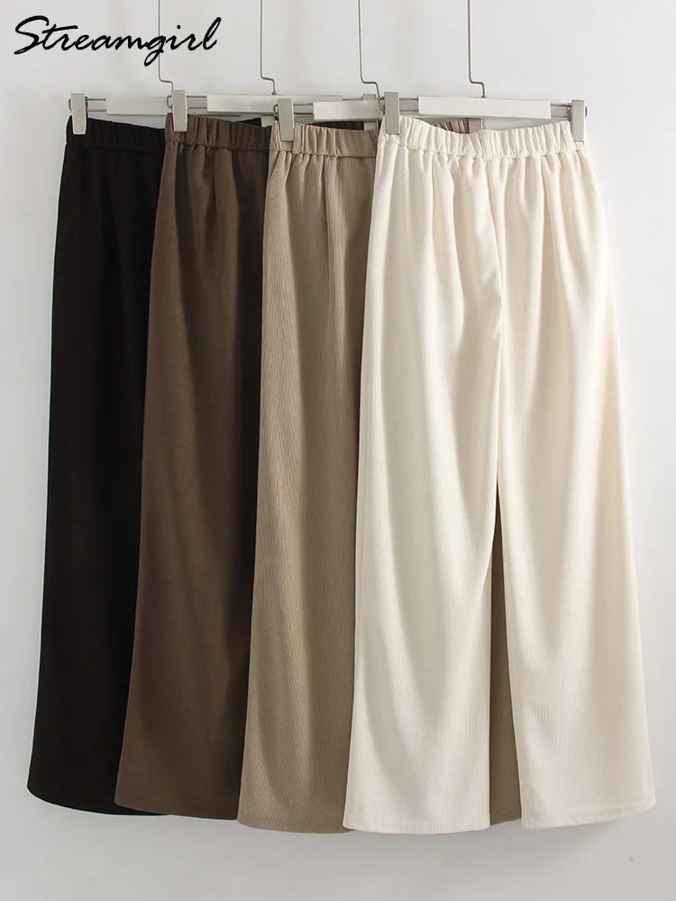 Streamgirl veludo calças retas mulheres cintura alta casual calças de perna larga bege primavera feminino calças marrons vintage formal
