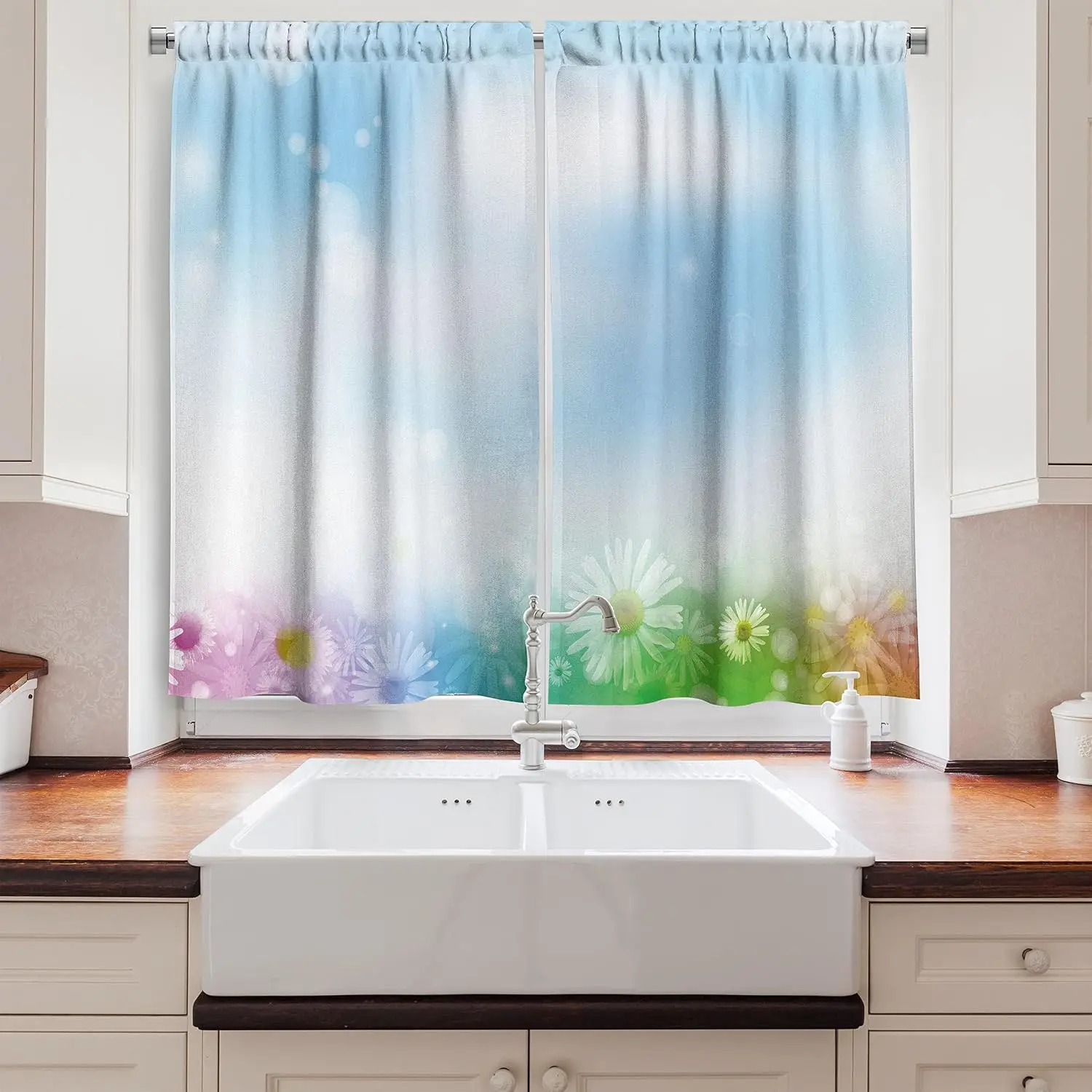 Aesthetic Watercolor Floral Curtains Blue Green Ombre Window Shower Curtain Panel Bathroom Home Decor Curtain Decoration