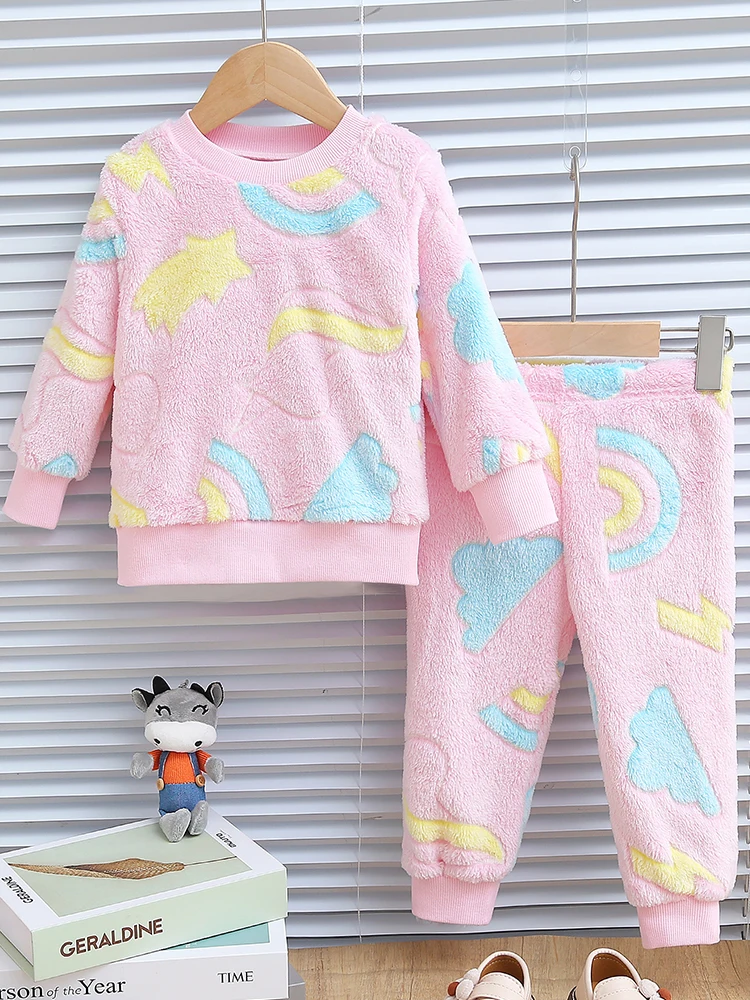 2pcs baby girl autumn and winter night light rainbow love cloud pattern plush thick long sleeved top and pants Chid Accessories