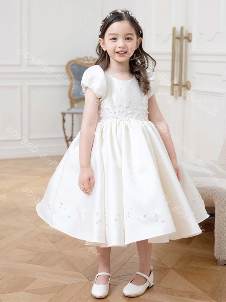 

Customized Kids Princess Dress Satin Pearls Tea-Length Flower Girl Dress with Bubble Sleeves for 1-8T Girls Party Ball Gown
