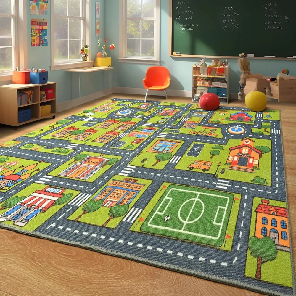 

Merelax 5x8 Kids Car Area Rug, Grey Green Area Road Rugs for Living Room Playroom Classroom Bedroom, Non Slip Kids Play mat, Was