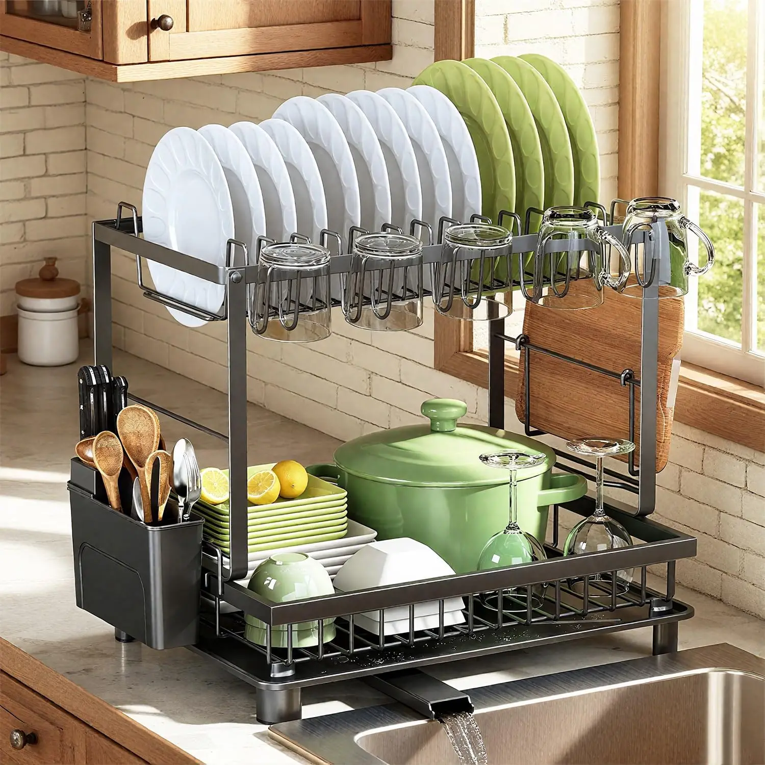 Black Rust-Proof Carbon-Steel 2-Tier Space-Saving Dish Drying Rack, Multi-Functional Layout With Drainboard, Utensil & Independent Cup Holders