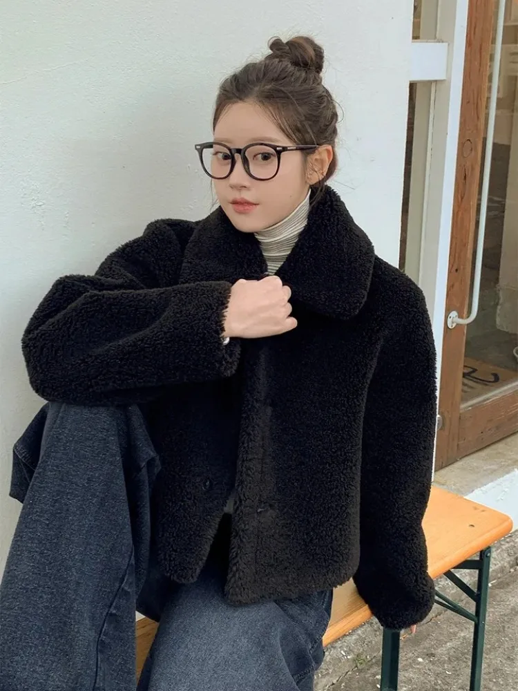 ريترو طوق بولي Leather الجلود Jaet المرأة الشتاء على الوجهين ارتداء فرو الضأن ort أعلى لصق Sle الكورية Faion ملابس خارجية