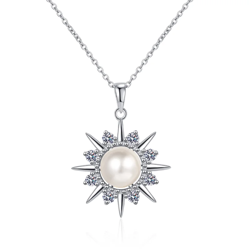 S925 Sterling Silver Necklace 8mm Pearl 0.3ct Moissanite Sunflower Pendant for Women