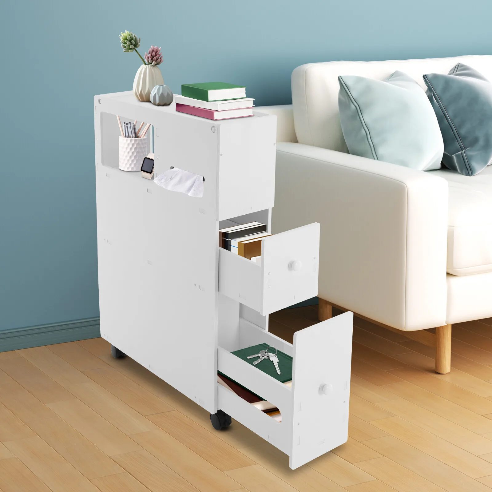 

Ultra-Narrow Bathroom Storage Cart, 20.5-Inch Width with Drawers & Wheels for Small Spaces