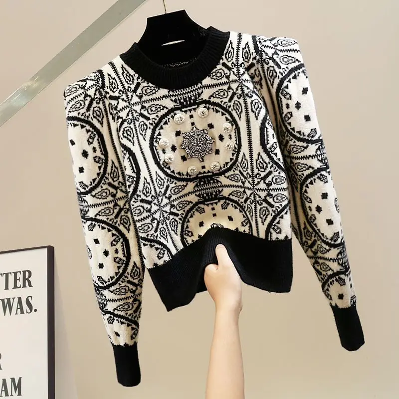 Odzież damska Moda Chiński Styl Diamenty Krótki Sweter Jesień Zima Vintage Streetwear Długi rękaw Pulowery Szykowne Topy Y2k