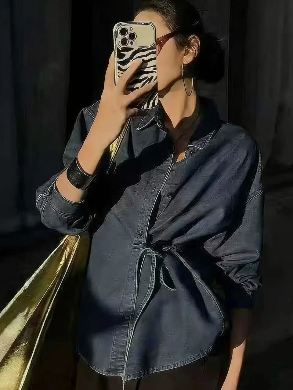 

Slimming Effect Long Sve Asymmetrical Denim irt Women Loose Fit Side Tie Waist Design Casual Top Korean Sle