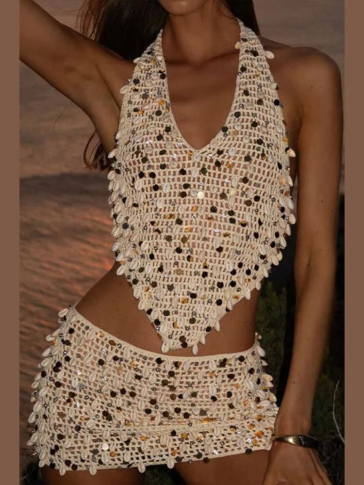 BKQU الترتر مثير الجوف خارج الكروشيه تنورة مجموعات النساء الرسن الدانتيل يصل عارية الذراعين شل القمم التنانير الصغيرة 2025 الصيف شيك الشاطئ البدلة