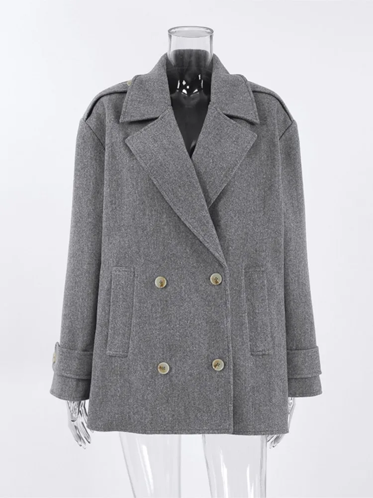 Grauer Woll-Blazer-Mantel für Damen, elegant, Vintage, zweireihig, langärmelig, Mantel 2025, neuer Frühling, Büro-Dame, lässige Anzüge, Oberbekleidung