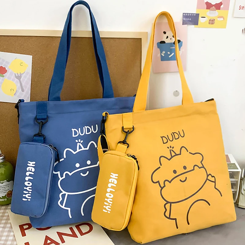 Bolso de mano de lona 2 en 1 con dibujos de animales, bandolera de gran capacidad con cremallera para estudiantes