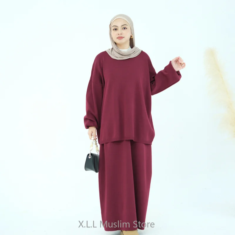 Womens 2 Peice Modest Thickening Knitting Suit Solid Color Multi-Color Long Loose Two-Piece Set Turkey Dresses For Women Luxury