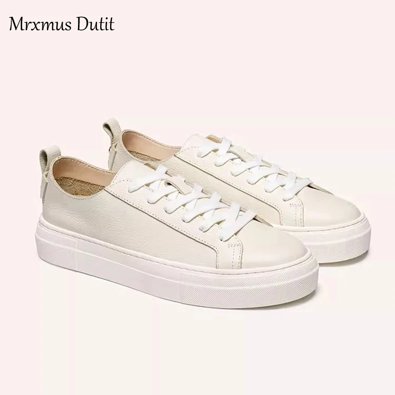 Mrxmus Dutit2024 New Spring Autumn Genuine Leather Women Lacing Basic White Flat Shoes Casual Solid Color Simple All-match Femme